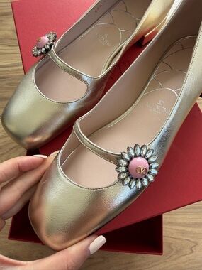 Valentino Metallic Gold Leather Mary Jane Flats with Pink Jewel Accent